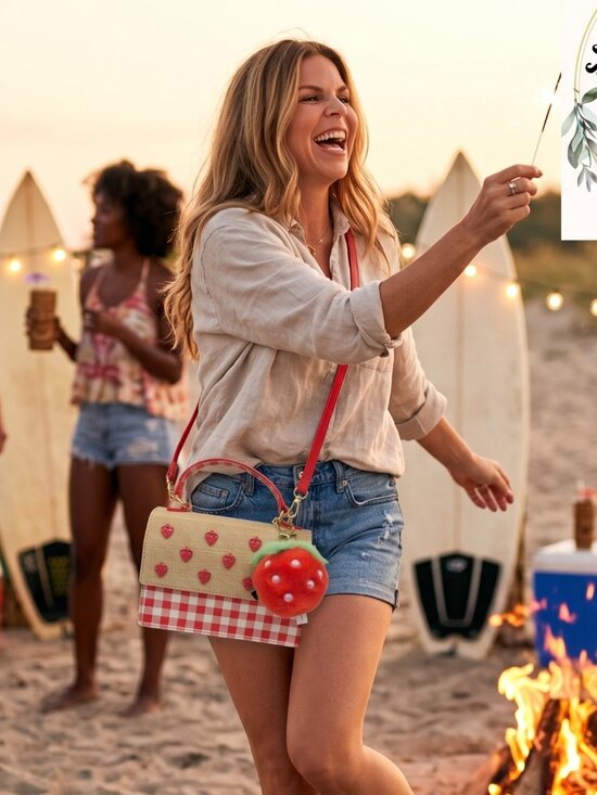 Betsey Johnson Handbags - 🍓❤️✨ Betsey Johnson Strawberry Charm Top-Handle Bag – Straw & Gingham Red Purse
